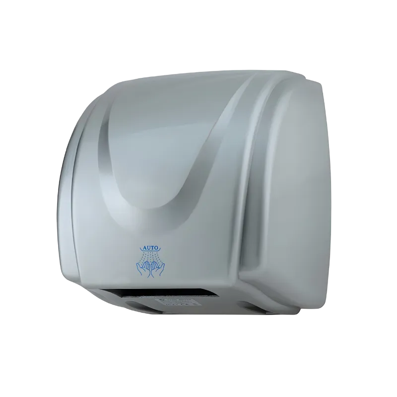 Alüminyum alaşımlı gümüş renkli, kavisli tasarıma sahip, sessiz çalışan 1800W fotoselli el kurutma makinesi.