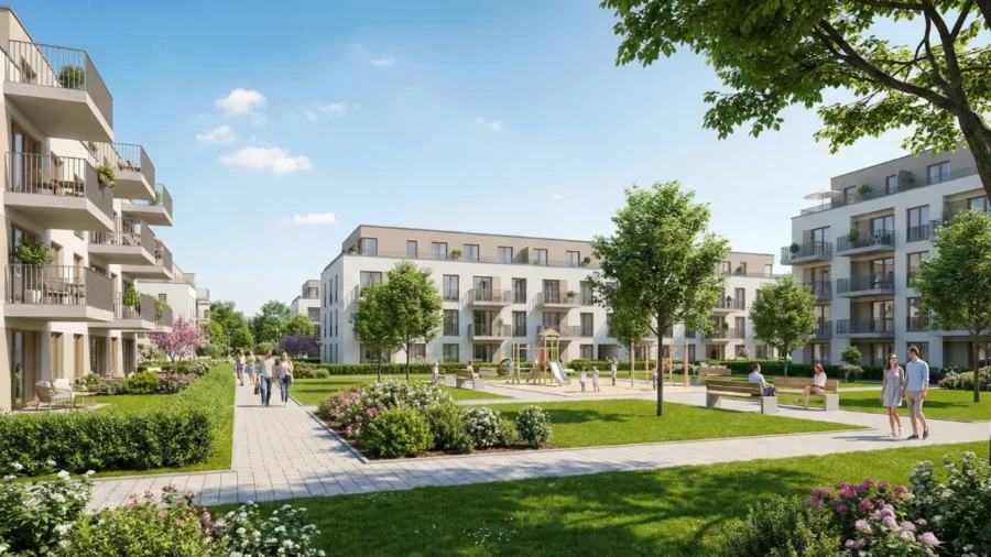 Başarılı atık yönetimi uygulanan modern bir sitede temiz peyzaj, çocuk oyun parkı ve huzurlu ortak yaşam alanları.