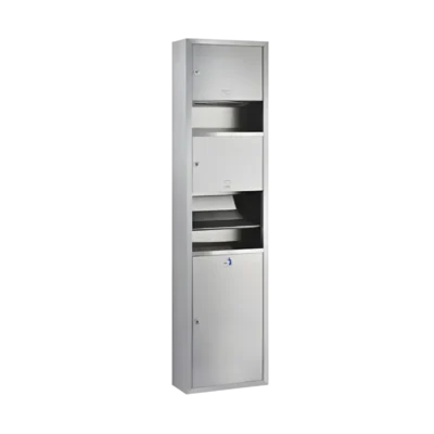 Sıva üstü montajlı, 3 fonksiyonlu (kağıt, fön, çöp) paslanmaz çelik banyo ünitesi.