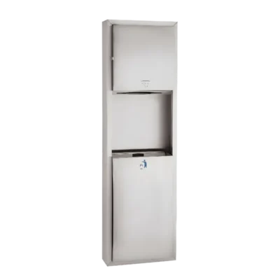 Sıva üstü montajlı, kavisli (bombe) kapaklı, 20 litre çöp hazneli ve havluluklu paslanmaz çelik ünite.