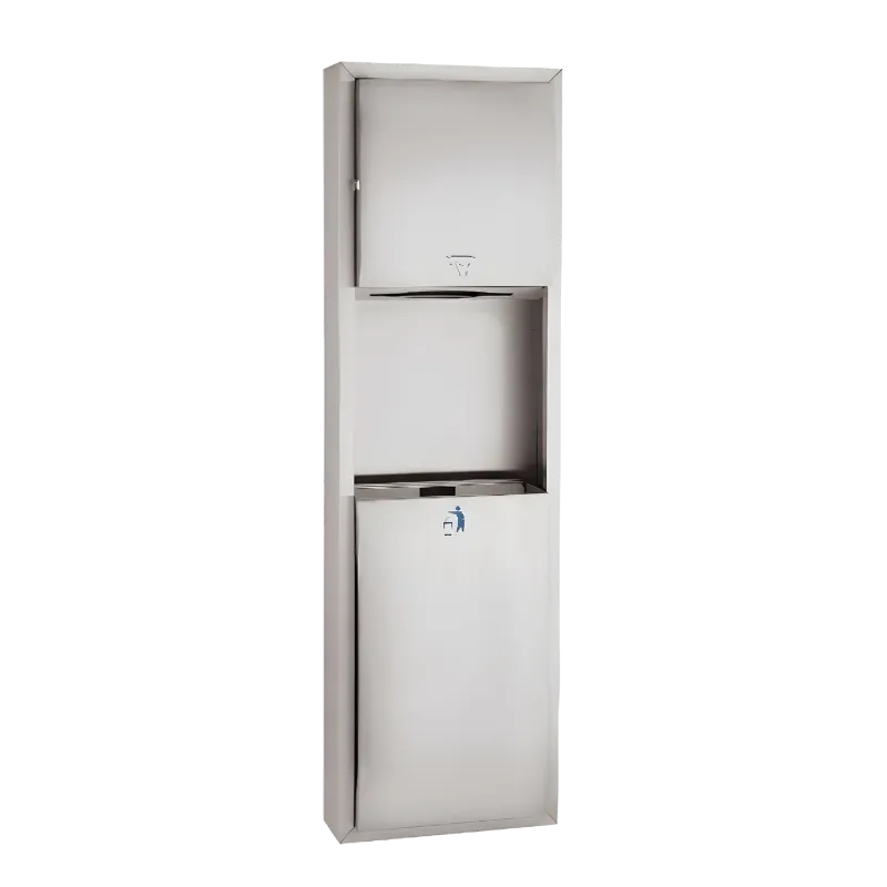 Sıva üstü montajlı, kavisli (bombe) kapaklı, 20 litre çöp hazneli ve havluluklu paslanmaz çelik ünite.