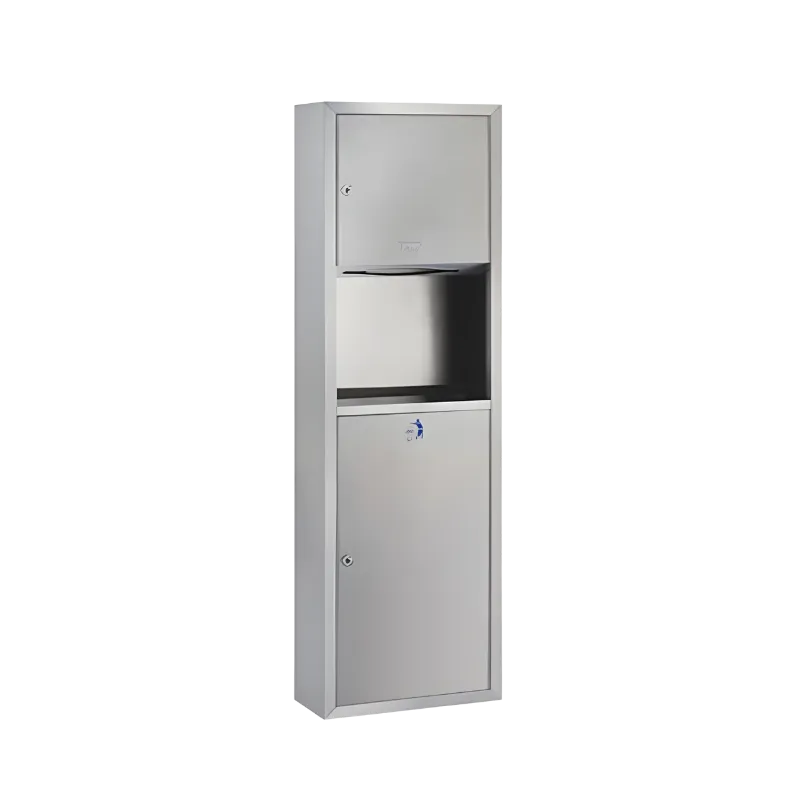 Sıva üstü montajlı, 130 cm yükseklikte, 23 litre kapaklı çöp hazneli ve 300'lük havluluklu paslanmaz çelik kombine ünite.