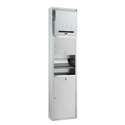 Sıva üstü montajlı, tam otomatik sensörlü kağıt havlu, sensörlü el kurutma ve çöp kovalı paslanmaz çelik ünite.