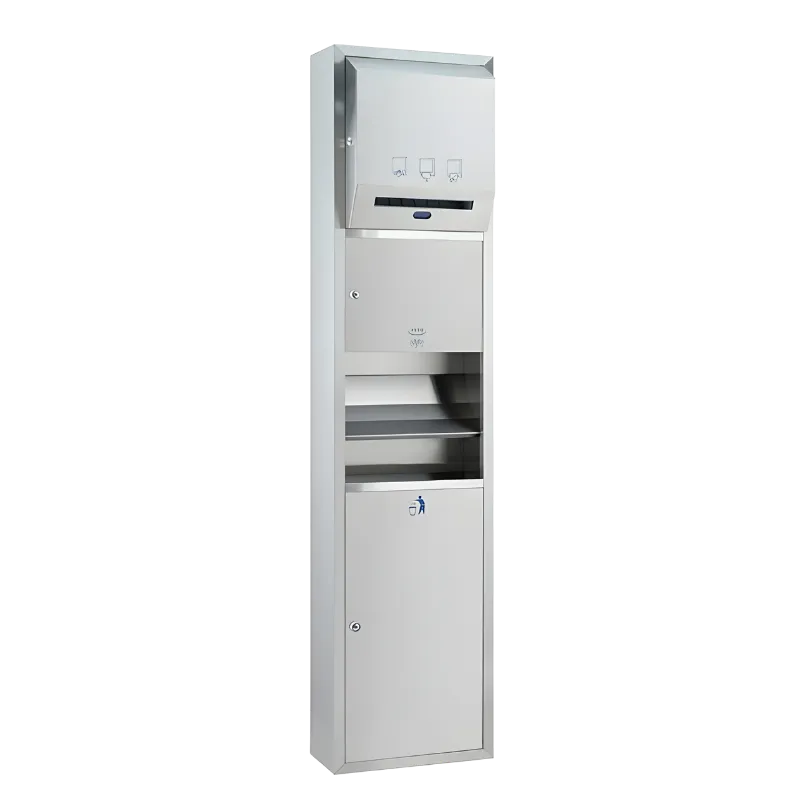 Sıva üstü montajlı, tam otomatik sensörlü kağıt havlu, sensörlü el kurutma ve çöp kovalı paslanmaz çelik ünite.