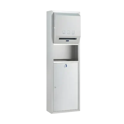 Sıva üstü montajlı, otomatik sensörlü kağıt havlu vericili ve 23 litre çöp kovalı paslanmaz çelik ünite.