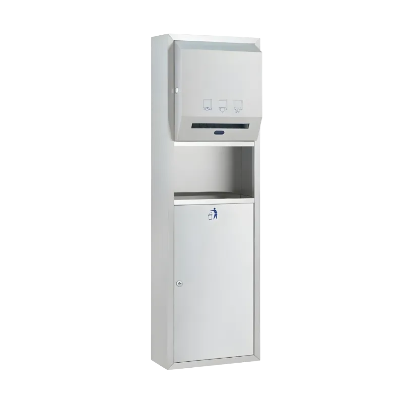 Sıva üstü montajlı, otomatik sensörlü kağıt havlu vericili ve 23 litre çöp kovalı paslanmaz çelik ünite.