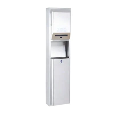 Sıva üstü montajlı, 36 litre dev çöp hazneli, radius (kavisli) kenarlı sensörlü paslanmaz çelik dispenser.