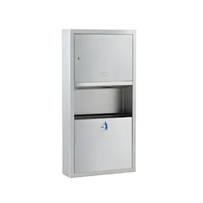 Sıva üstü montajlı, üstte kağıt havluluk, altta 10 litre çöp kovası bulunan 304 paslanmaz çelik kombine ünite.