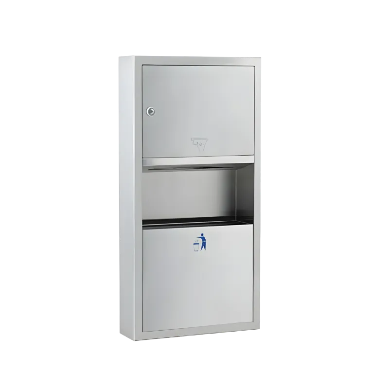 Sıva üstü montajlı, üstte kağıt havluluk, altta 10 litre çöp kovası bulunan 304 paslanmaz çelik kombine ünite.