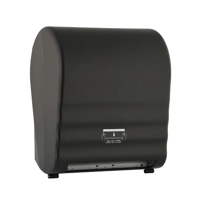 Siyah renkli, mekanik çalışan, elektriksiz autocut kağıt havlu dispenseri.