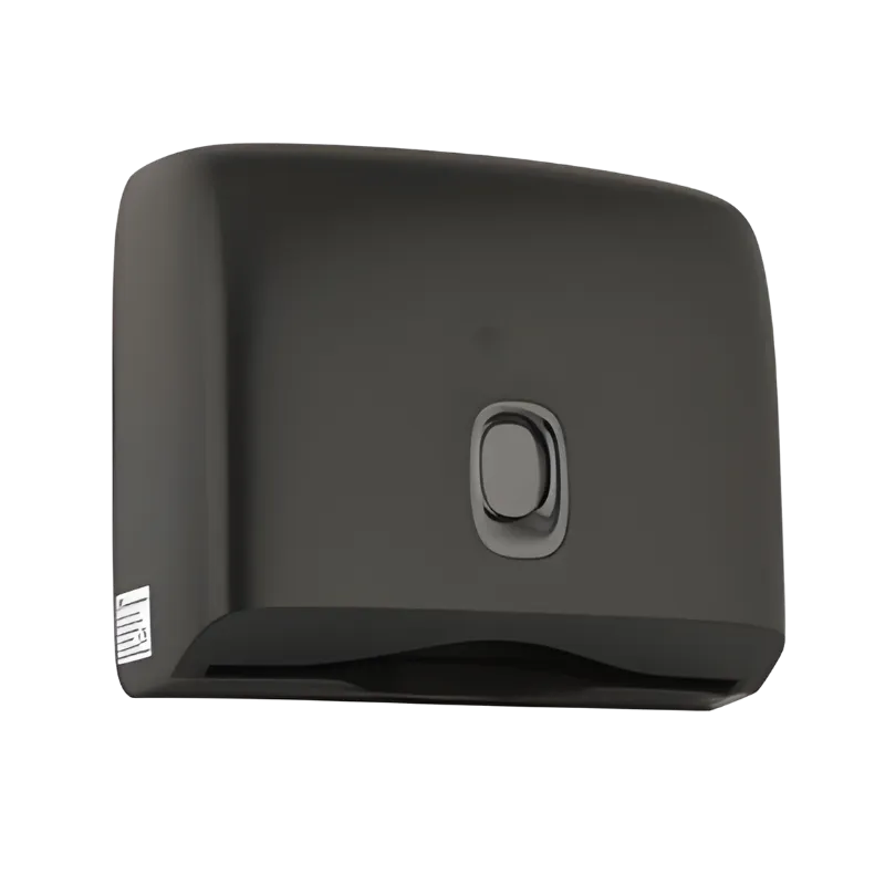 Siyah renkli sert ABS plastik gövdeli, 200 yaprak kapasiteli manuel Z katlama kağıt havlu dispenseri.