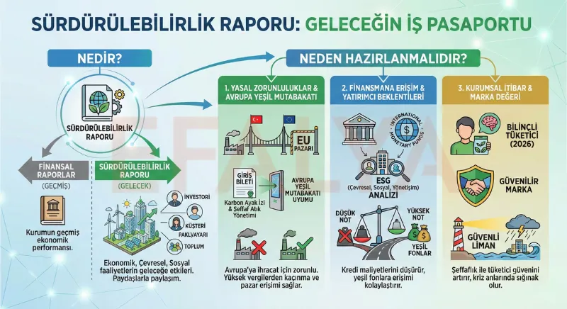 Sürdürülebilirlik raporu hazırlamanın nedenlerini, yasal zorunlulukları, finansmana erişimi ve marka değerini anlatan detaylı infografik şeması.