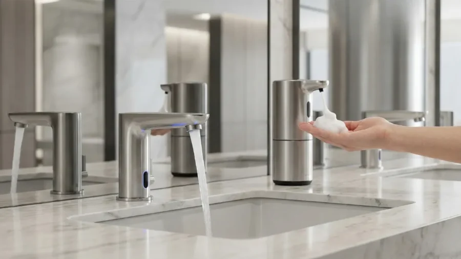 Lüks bir toplu kullanım lavabosunda çapraz bulaşmayı önleyen fotoselli batarya ve sensörlü köpük sabun dispenseri ile temassız el yıkama anı.