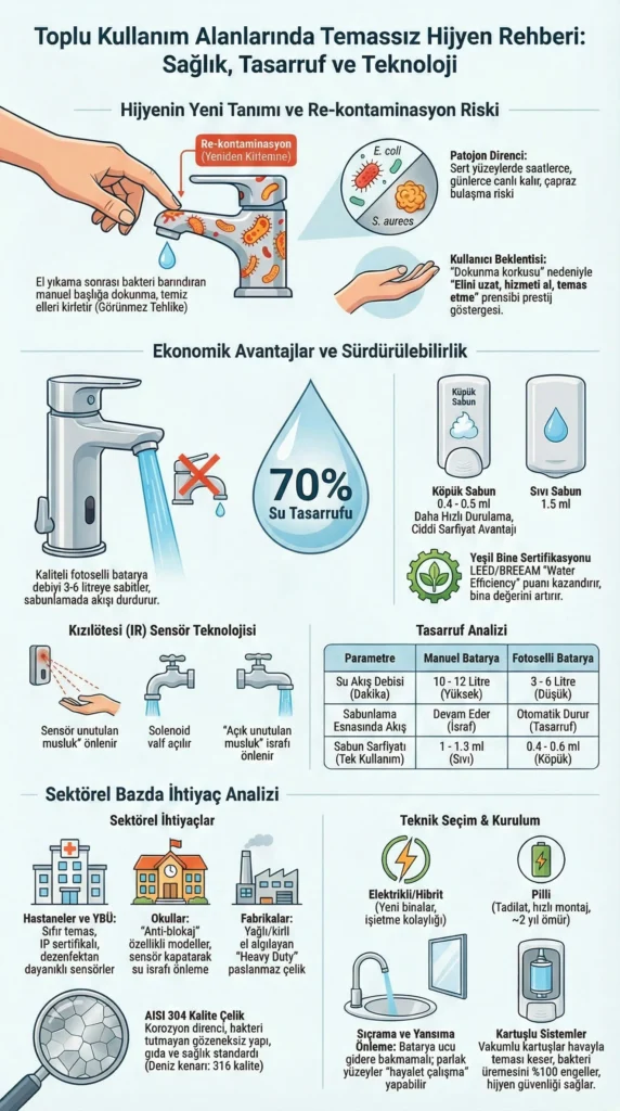 Toplu kullanım alanlarında temassız hijyen standartlarını, fotoselli batarya ile %70 su tasarrufunu, re-kontaminasyon risklerini ve sektörel (hastane, okul, fabrika) ürün seçim kriterlerini gösteren detaylı infografik.