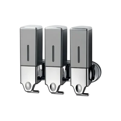 Kare formlu, 3 adet 500 ml hazneli, ABS gövdeli ve paslanmaz çelik T-Bar mekanizmalı üçlü şampuanlık.