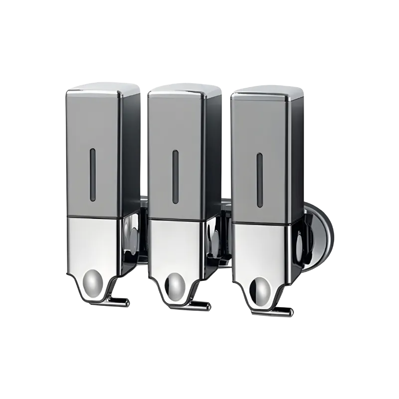 Kare formlu, 3 adet 500 ml hazneli, ABS gövdeli ve paslanmaz çelik T-Bar mekanizmalı üçlü şampuanlık.