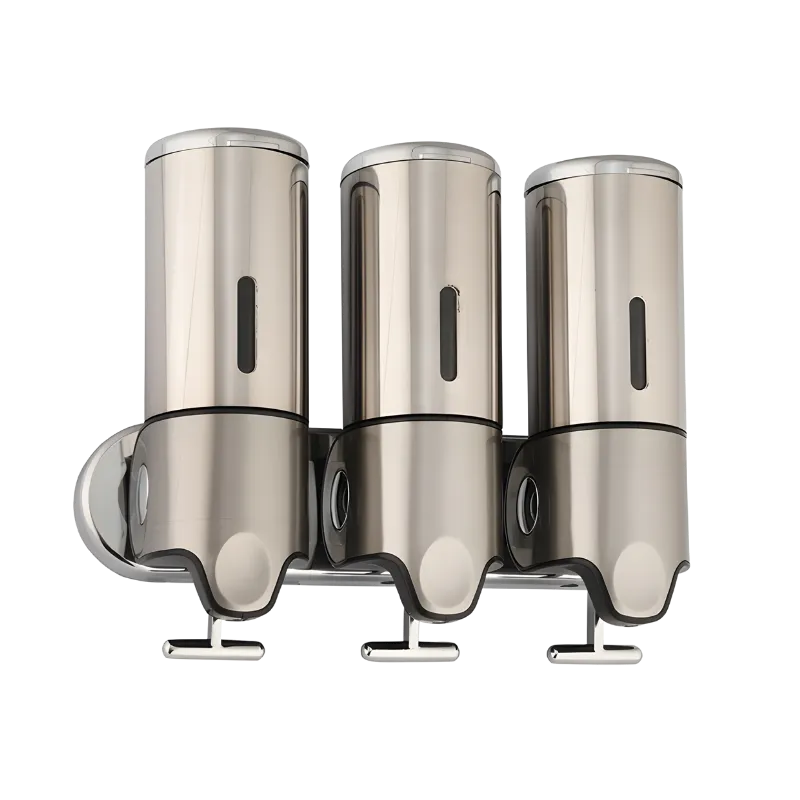 3 adet 500 ml hazneli, paslanmaz çelik gövdeli, T-Bar çekme kollu üçlü otel şampuan, krem ve duş jeli seti.