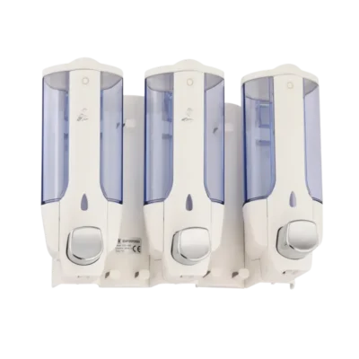 3 adet 380 ml hazneli, butonlu, yarı saydam ABS plastik üçlü şampuan, krem ve sabun dispenseri.