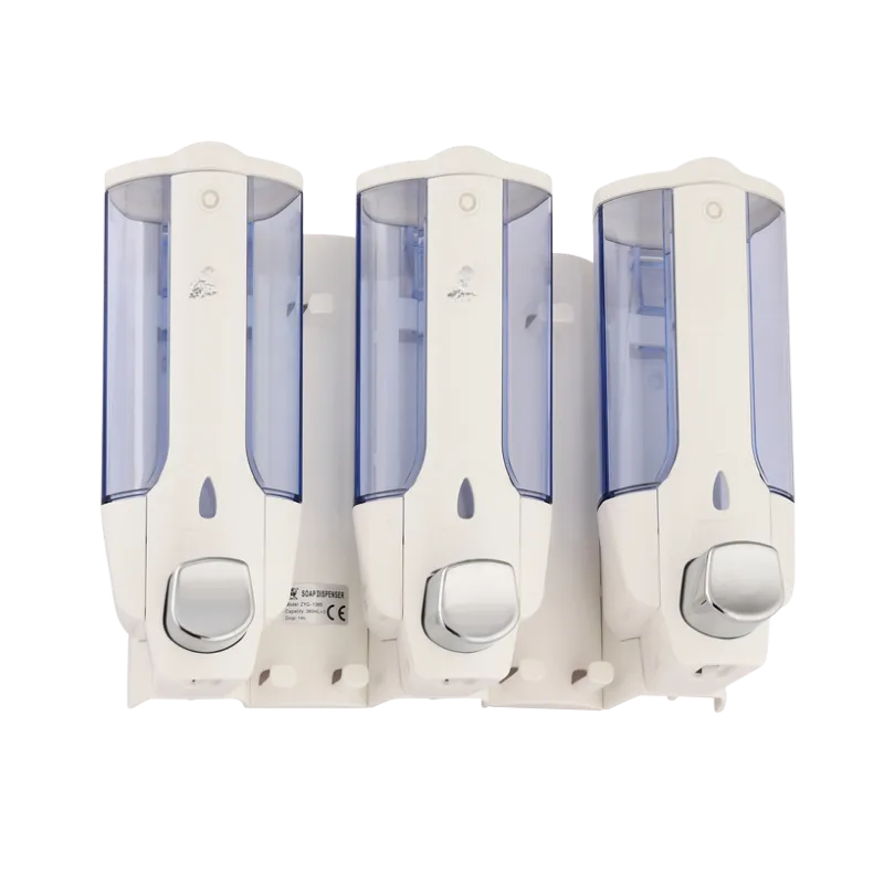 3 adet 380 ml hazneli, butonlu, yarı saydam ABS plastik üçlü şampuan, krem ve sabun dispenseri.