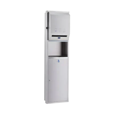 İnce duvarlar için yarı gömme montajlı, 18.5 litre çöp hazneli, sensörlü paslanmaz çelik dispenser.