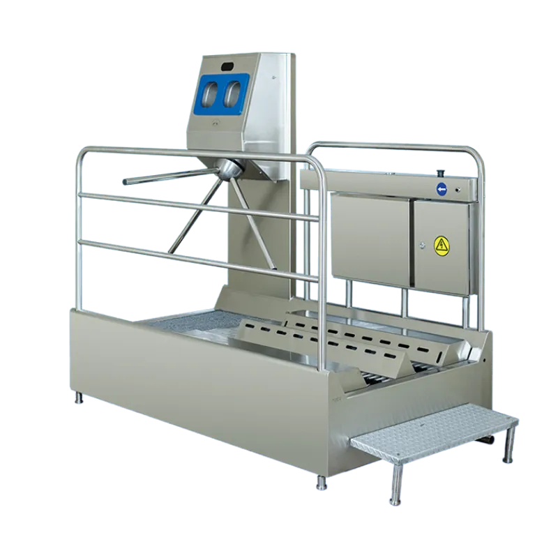 2300 mm uzunluğunda, zemin temizliği için fotoselli yatay fırça sistemi ve çift çanaklı el dezenfeksiyon cihazı bulunan 304 kalite paslanmaz turnikeli hijyen istasyonu.