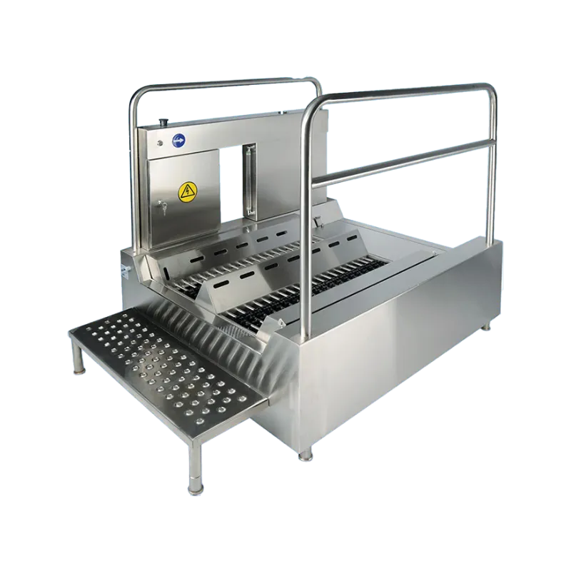 Zemin hijyeni için tasarlanmış, sensörlü yatay döner fırçalara sahip 304 kalite paslanmaz çelik otomatik ayakkabı tabanı yıkama makinesi.