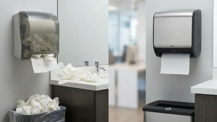İsraf yaratan dağınık geleneksel Z katlama kağıt havluluk ile hijyenik, tasarruflu sensörlü rulo havluluk sisteminin görsel karşılaştırması