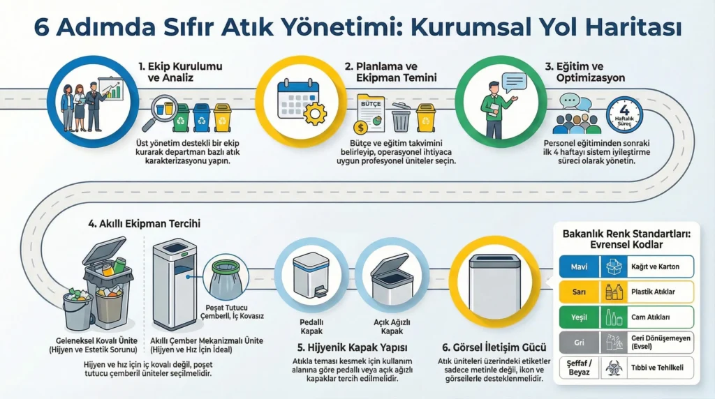 6 adımda kurumsal sıfır atık sistemi yol haritası; ekip kurulumu, planlama, geleneksel kovalı ünitelere karşı iç kovasız poşet çemberli geri dönüşüm üniteleri ve kapak seçenekleri.