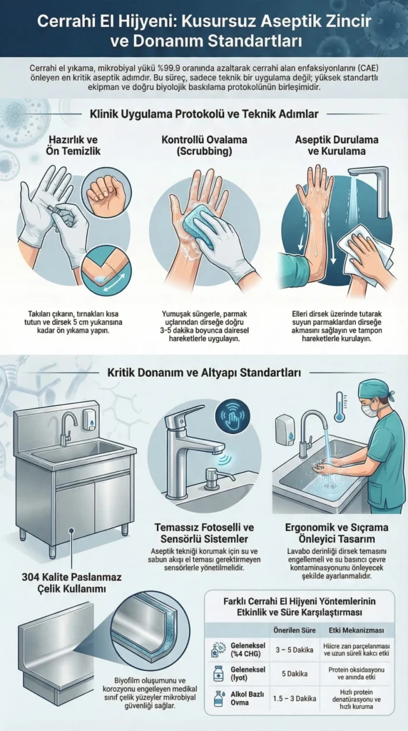 Ameliyat öncesi cerrahi el hijyeni protokolü, teknik adımları (scrubbing, durulama, kurulama) ve kritik donanım standartlarını gösteren illüstratif infografik.