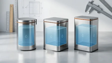 Yuvarlak, kare ve dikdörtgen paslanmaz çelik çöp kovası modelleri üzerinde litre ve hacim hesaplama gösterimleri.