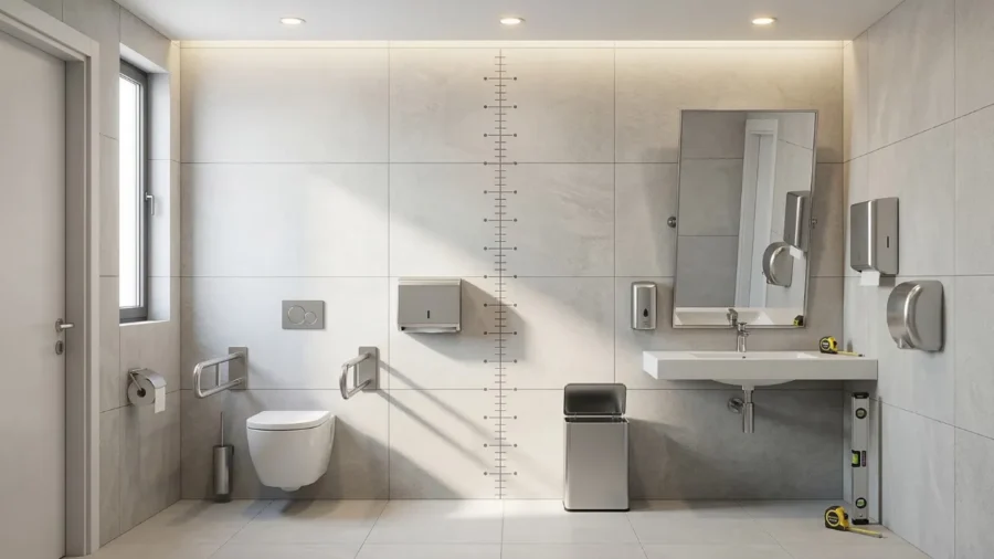 TSE standartlarına uygun tasarlanmış engelli tuvaleti; tutunma barları, doğru engelli wc dispenser yüksekliği, açılı ayna ve ergonomik donanım yerleşimi.