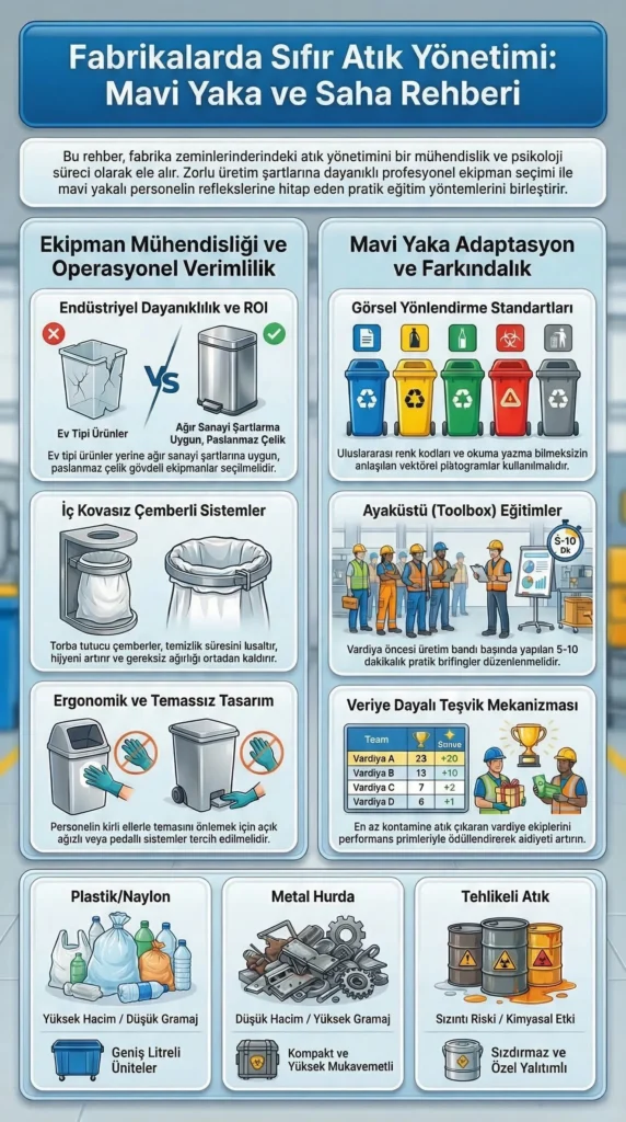 Fabrikalarda sıfır atık yönetimi ve mavi yaka saha rehberi infografiği. Görselde, ağır sanayi şartlarına uygun paslanmaz çelik atık ekipmanları, iç kovasız çemberli torba tutucu sistemler, temassız açık ağızlı tasarımlar, görsel renk kodlamaları, ayaküstü saha eğitimleri ve atık türüne göre gramaj-kapasite analizleri detaylandırılmaktadır.