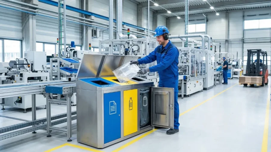 Fabrika üretim hattında, çemberli çöp torbası tutucu sistemine sahip endüstriyel paslanmaz çelik atık ayrıştırma ünitesi kullanan mavi yakalı personel.