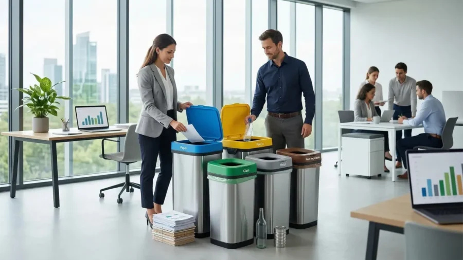 Modern ofis ortamında çalışanlar, iç kovası bulunmayan, çemberli gizli torba sistemine ve deliksiz açık kapağa sahip paslanmaz geri dönüşüm kutularında atık ayrıştırması yapıyor.