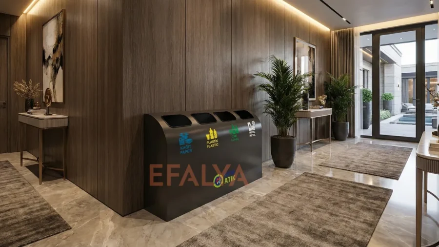 Modern ofis ortamında, sıfır atık yönetmeliğine uygun renklerde açık kapaklı sıfır atık ekipmanları ve tablet üzerinde atık istasyonu yerleşim planı.