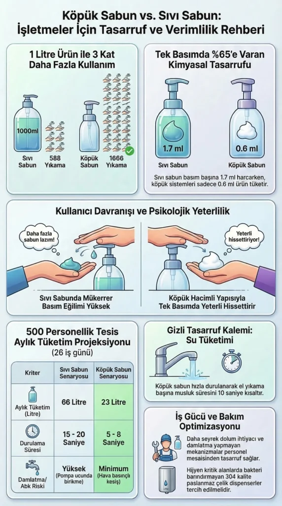 Köpük sabun ve sıvı sabun dispenserleri arasındaki basım başı gramaj, aylık tüketim projeksiyonu ve 304 kalite paslanmaz çelik donanım avantajlarını gösteren endüstriyel hijyen tasarruf infografiği.