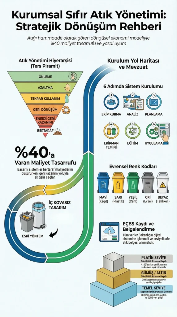 Kurumsal sıfır atık yönetimi stratejik dönüşüm rehberi infografiği; ters piramit hiyerarşisi, 6 adımda kurulum, iç kovasız geri dönüşüm kutusu tasarımı, renk kodları ve EÇBS belge seviyeleri.