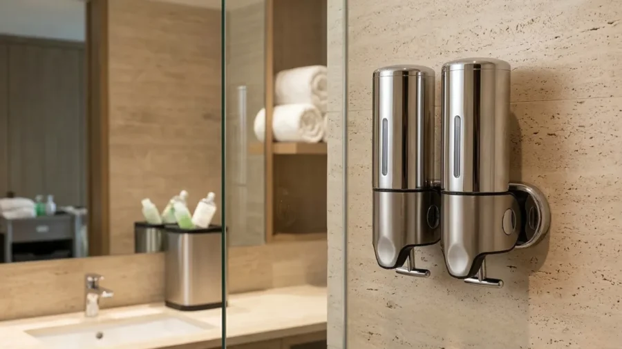 Modern lüks otel banyosunda duvara monte edilmiş paslanmaz detaylı çiftli otel tipi şampuanlık ve sabunluk.