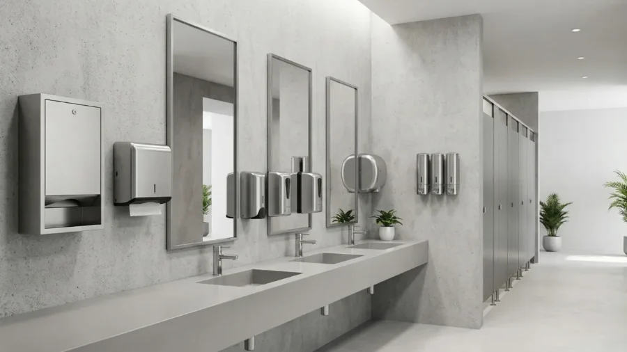 AVM, hastane ve oteller gibi yoğun kullanım alanları için duvara monte paslanmaz çelik kağıt havlu dispenseri, sıvı sabunluk ve el kurutma makinesi içeren modern lavabo tasarımı.