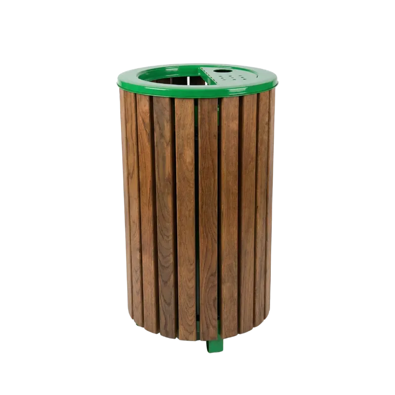 1. sınıf emprenyeli çam latalı, yeşil metal kapaklı ve küllüklü ahşap dış mekan park çöp kovası