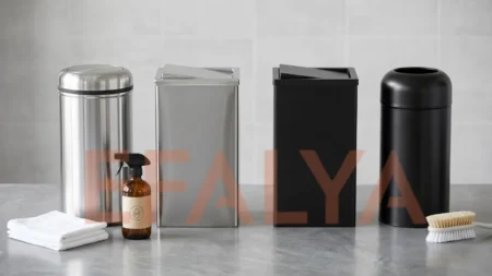 Çöp kovası nasıl temizlenir rehberi için farklı metal çöp kovaları ve bakım malzemelerinin (bez, sprey) yan yana düzenlendiği blog ana görseli.