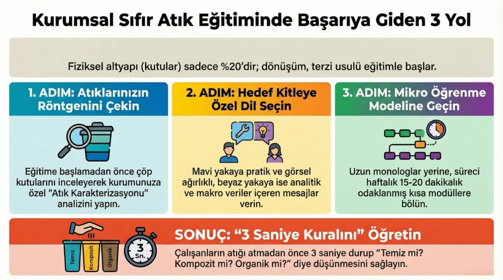 Kurumsal sıfır atık eğitiminde başarıya giden 3 yolu gösteren infografik. Atık karakterizasyonu analizi, hedef kitleye özel dil seçimi, mikro öğrenme modeli ve doğru atık ayrıştırma için 3 saniye kuralı adımlarını içerir.