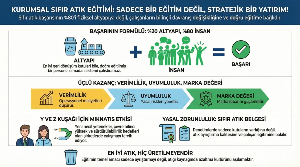 Şirketlerde Sıfır Atık Yönetimi için %80 İnsan, %20 Altyapı Formülü İnfografiği. Kurumsal Sıfır Atık Eğitimi'nin verimlilik, yasal uyumluluk ve marka değeri üzerindeki etkilerini ve Sıfır Atık Belgesi için önemini gösteren görsel şema.