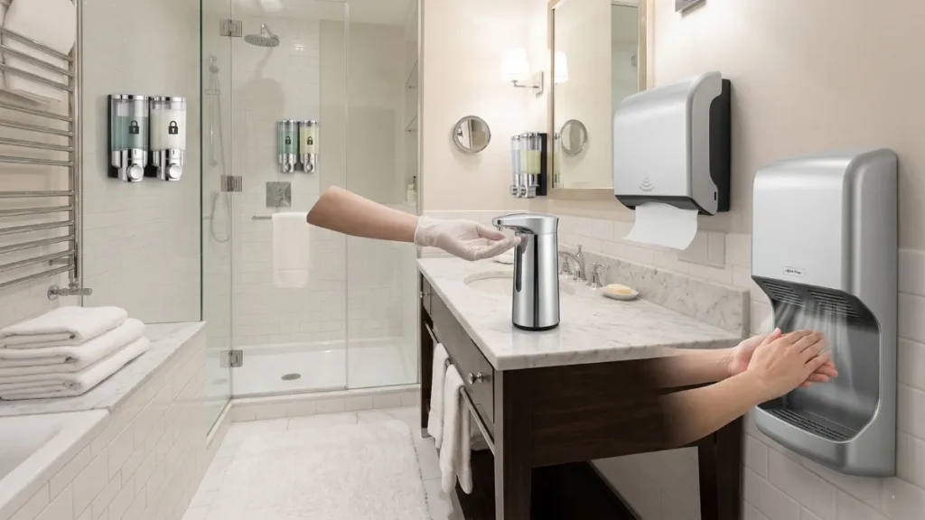 Otel banyosunda kilitli şampuan dispanseri, fotoselli sabunluk ve HEPA filtreli el kurutma makinesi kullanımı.
