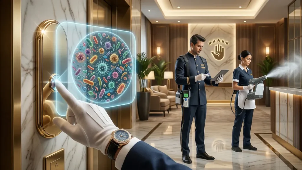 Otel asansör düğmesi üzerinde biriken bakteri ve virüsleri gösteren mikrobiyolojik illüstrasyon.