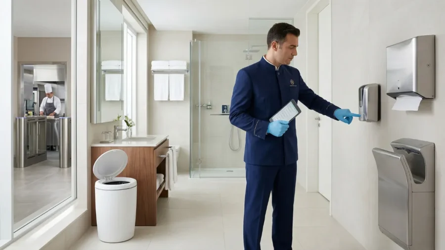 Otel lobisi ve ıslak hacimlerinde doğru hijyen ekipmanları ile sanitasyon sağlayan temizlik personeli.