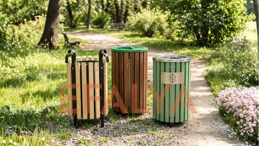 Park ve bahçeler için tasarlanmış, güneşli bir yürüyüş yolu kenarında yan yana duran ahşap çıtalı, metal gövdeli ve paslanmaz çelik kapaklı üç farklı dış mekan çöp kovası modeli.