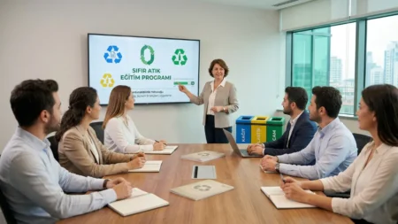 Kurumsal ofis ortamında çalışanlara sıfır atık eğitim programı sunumu yapan eğitmen ve arka planda ayrıştırma üniteleri.