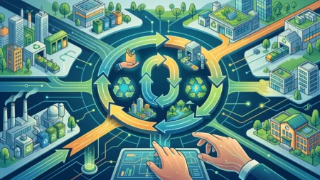 Sıfır Atık Projesi kapsamında döngüsel ekonomi döngüsünü, endüstriyel atık ayrıştırma kutularını ve dijital atık yönetim sistemini temsil eden modern teknik illüstrasyon.