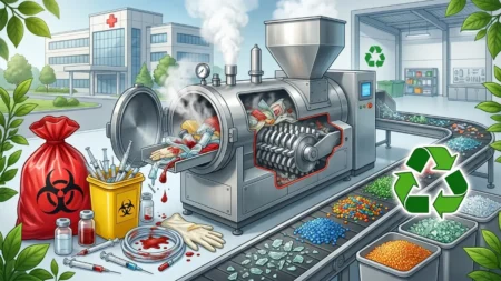 Hastaneden çıkan tıbbi atıkların sanayi makinesinde sterilize edildikten sonra geri dönüştürülebilir peletlere ve cam parçalarına dönüşüm sürecini gösteren illüstrasyon.